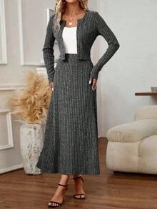 SHEIN Clasi Women's Solid Color Ribbed Knit Long Sleeve Jacket And Skirt 2-Piece Set - Grey - View 4
