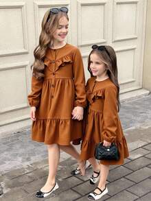 SHEIN Tween Girl Corduroy Dress,Shades Of Brown,Autumn,Elegant,Matching Family Mandarin Collar Ruffle Trim Button Waist Cinched Long Sleeve Thanksgiving - Brown - View 2