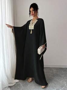 Rafferiza Women's V-Neck Fringe Design Batwing Sleeve Loose Long Dress Clothes For University - Black - View 5