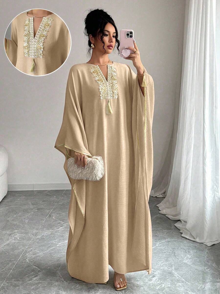 Rafferiza 女式纯色领口装饰长袖连衣裙 - 卡其色 - 查看 1