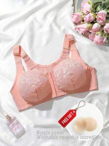 1pc Plus Size Women Lace Patchwork Wireless Bra, Comes With Round Adhesive Nipple Covers - Coral Pink - View 3