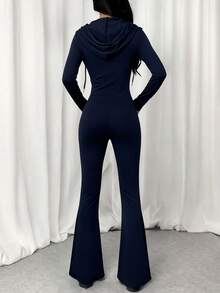 SHEIN EZwear 2件組 連帽拉鍊上衣與休閒運動風喇叭褲 健身穿搭 海軍藍 秋季 - 藏蓝色 - 查看 2