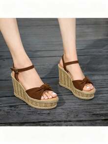 Sandalias con plataforma para mujer estilo vacacional casual decoración de moño tejido de yute sin estampado corte holgado punta redonda sin mangas primavera verano playa fiesta - Marrón - Ver 2