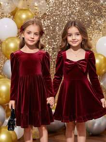 Young Girl Cute & Elegant Red Bow Knitted Long Sleeve Dress - Burgundy - View 10