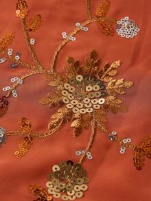 SHEIN Ellevyn 大码夏季优雅纯色不对称领上衣和亮片刺绣半裙两件套 - 橘色 - 查看 7