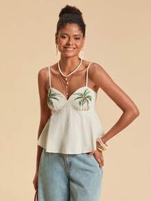 Travachic Áo hai dây thêu hoa lá trang trí ngày nghỉ, trang phục nghỉ dưỡng, áo nhiệt đới, giáng sinh, năm mới, lễ tạ ơn, áo sang trọng thanh lịch cho tiệc tùng, áo cưới sang trọng - Màu be - Xem 4