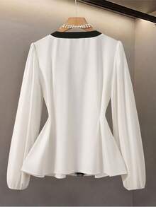 GlowEve Blusa de mujer con diseño de contraste blanco y negro, cuello en V y botones delanteros, elegante silueta de línea A que ciñe la cintura, ideal para maestras