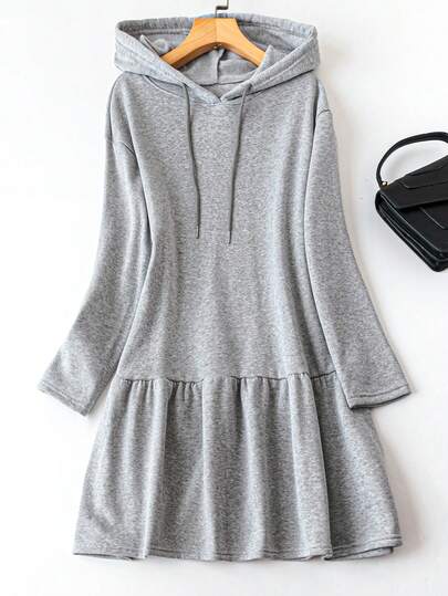 SHEIN LUNE Plus Size Spring/Autumn Casual Solid Color Drawstring Hooded Dress Fall Cloth For Women