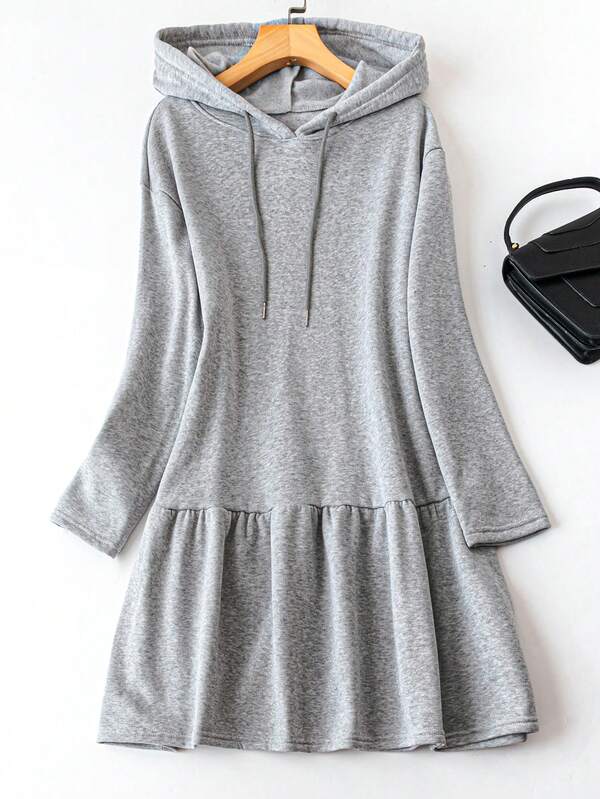 SHEIN LUNE Plus Size Spring/Autumn Casual Solid Color Drawstring Hooded Dress Fall Cloth For Women