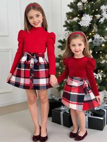 Leap Crew Conjunto de 2 peças/conjuntos para meninas, camiseta de veludo com gola falsa e manga curta, blusa e saia com detalhe de laço, estampa xadrez e bainha assimétrica, gola falsa, fofo, casual e vintage, elegante, ótimo para uso casual e diário e para a escola no outono e inverno, para o Natal - Vermelho - Ver 3