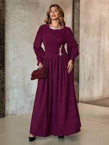 Roveilla Plus Size Women Long Sleeve Chiffon Round Neck Waist Cinched Flared Hem Sequin Ribbon Mesh Overlay Dress, Party - Red Violet - View 7