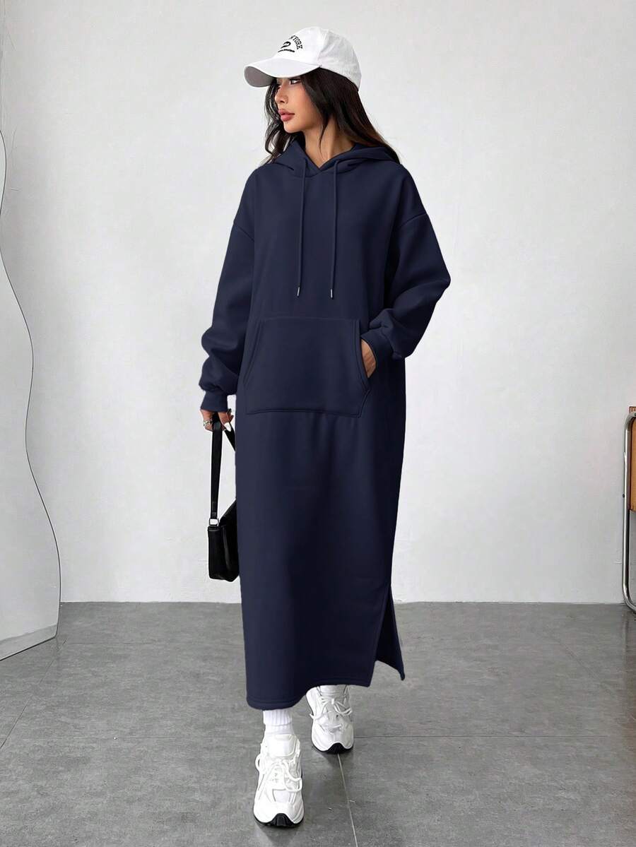 SHEIN EZwear Đầm dài dáng rộng màu xanh navy dành cho nữ, kiểu dáng thường ngày, chất liệu vải dệt kim, có vai rớt, tay dài và xẻ tà. - Màu xanh hải quân - Xem 1