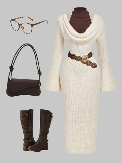 SHEIN MOD 大码女式撞色喇叭袖修身中长连衣裙，杏色驼色领子，圣诞羊毛连衣裙秋冬女装