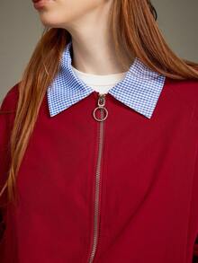 Elnivra Jaqueta feminina xadrez de manga comprida, com zíper, gola vermelha, bolsos, estilo vintage americano casual, versátil, moda esportiva, adequada para a volta às aulas, outono - Vermelho - Ver 6