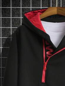 Manfinity Homme 男士休闲日常通勤字母印花半拉链前袋连帽卫衣，拉链连帽衫，休闲男士连帽衫套头衫，正装拉链卫衣和连帽衫，黑色男士连帽衫，长袖上衣 - 黑色 - 查看 5