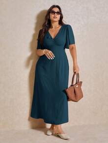 Elaquor 大码休闲 V 领收腰 A 字形连衣裙，优雅度假 - 藍色 - 查看 7