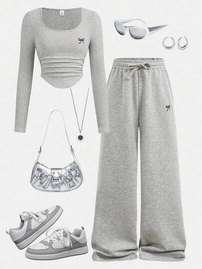 SHEIN Girlism 2 pièces/Set Body côtelé à broderie New York texte noir et pantalon décontracté rétro lavé à l'acide pour adolescentes, printemps/été