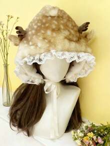 Joivida 1pc Cute Plush Faux Lace Patchwork Deer Horn Ear Muff, Adorable Sweet Girl Autumn/Winter Thick Warm Earmuffs For Casual Daily Wear - Multicolor - View 1