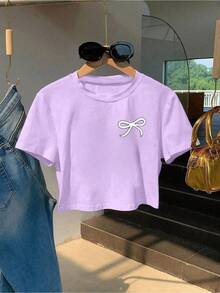 Camiseta mujer casual elegante estilo moderno lazo impresión minimalista diseño creativo tejido suave corte recto cuello redondo manga corta primavera verano uso diario - Púrpura malva - Ver 1
