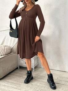 SHEIN Maternity Solid Ribbed Collar Button Front Long Sleeve Dress, Spring/Autumn - Coffee Brown - View 6