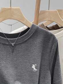 SHEIN 工厂价格简约星星刺绣常规短袖T恤 - 深灰色 - 查看 3