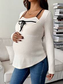 SHEIN Camiseta casual de manga larga, cuello redondo, ajustada y acanalada con bloqueo de color para maternidad - Albaricoque - Ver 6
