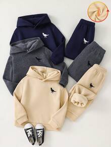 SHEIN 6 piezas Conjunto de chándal informal para niños con sudadera con capucha estampada y pantalón de chándal suelto de unicolor, 2 piezas, 3 diseños, adecuado para la escuela, el jardín, la playa, el cumpleaños, primavera, verano, otoño, invierno - Multicolor - Ver 1