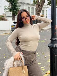 NegzBox Women's Solid Color High Neck Raglan Sleeve Fitted Ribbed Sweater - Camel - View 4