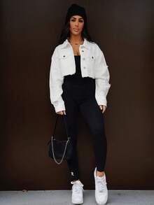 SAYEHFBABY 前扣式有領長袖短牛仔外套，休閒日常穿著 - 白色 - 查看 1