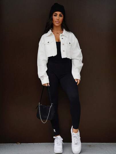 SAYEHFBABY Button Front Collared Long Sleeve Short Denim Jacket, Casual Daily Wear