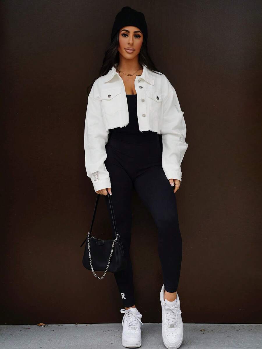 SAYEHFBABY 前扣式有領長袖短牛仔外套，休閒日常穿著 - 白色 - 查看 1