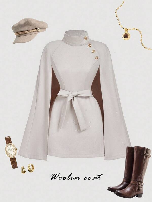 SHEIN MOD Abrigo de capa de lana con cinturón y cuello alto para mujer, ropa de otoño/invierno, ropa de Navidad, capa superior, ropa neutral para mujer, vestido de cuello alto, mangas acampanadas, ropa de invierno para mujer, ropa de otoño, ropa para Año Nuevo, ropa para invitados de boda, retro, vintage, elegante, conjunto de Navidad, conjunto elegante para fiesta, capa de cuello alto, capa con botones dorados