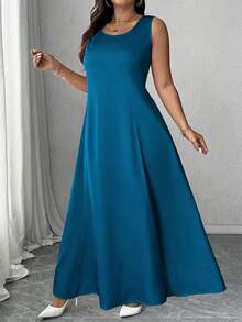 Elenzga 大码圆领无袖缎面梭织面料A字型长连衣裙 + 七分袖纹理刺绣网纱不对称下摆无领休闲度假两件套 - 青碧色 - 查看 4