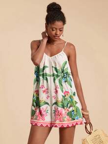 Travachic Bộ đồ liền thân ống rộng không tay xếp ly họa tiết cây nhiệt đới dành cho nữ - Nhiều màu - Xem 4