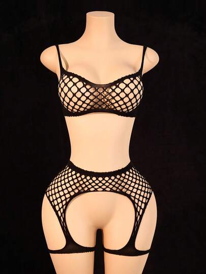 ChaseTheNight Black Sexy 2 Pieces Lingerie Set, Made Of Fishnet Material, Adds Mysterious Allure For Night Dates
