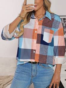 EMERY ROSE Camisa de manga larga con botones y estampado de color contrastante, de moda casual para mujer - Multicolor - Ver 4