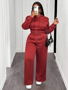 Slaydiva Bộ đồ 2 món thu đông 2025 dành cho nữ cỡ lớn - Áo hoodie màu nâu gỉ cỡ lớn có dây rút và quần ống loe, phong cách đường phố Y2K thích hợp mặc đi học, đi làm, tiệc tùng, thường ngày - Rỉ Nâu - Xem 6