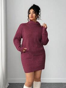Elenzga Bộ đồ 2 món cỡ lớn cho nữ, áo len cổ lọ tay dài màu trơn rộng rãi và váy len siêu ngắn gợi cảm, phong cách Hàn Quốc giản dị và ngọt ngào - Màu đỏ tím - Xem 5