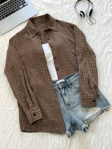 Elamini Áo sơ mi cardigan dài rộng rãi họa tiết kẻ caro Jacquard cổ điển - Nhiều màu - Xem 1