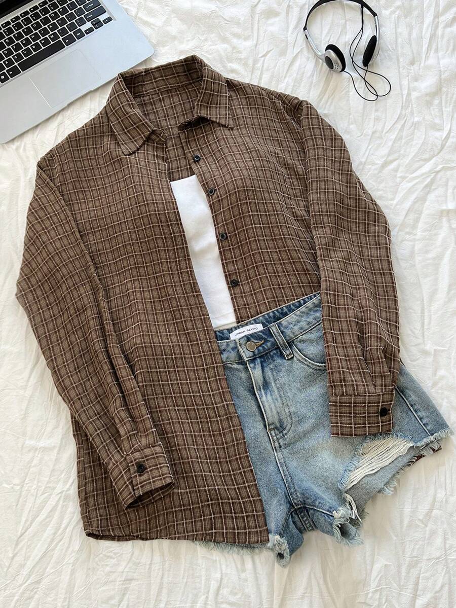 Elamini Áo sơ mi cardigan dài rộng rãi họa tiết kẻ caro Jacquard cổ điển - Nhiều màu - Xem 1