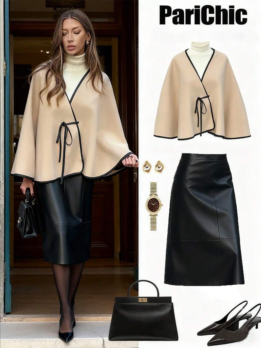 Chiquease Women's Tie Front Woolen Cloak Jacket, Waist Cinched, Fashion & Versatile - Khaki - View 1