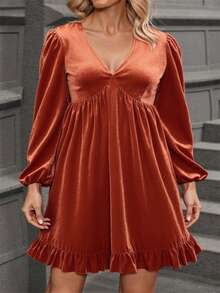 EMERY ROSE Abito casual da donna con scollo a V e maniche a lanterna, taglie comode - Arancione - Visualizzare 4