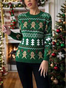 Mujer suéter festivo estilo navideño tejido jacquard diseño creativo ajuste cómodo cuello redondo manga larga invierno fiesta suéter - Verde militar - Ver 2