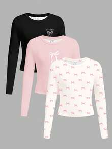 SHEIN 3 件套 Tween 女童修身休闲简约蝴蝶结装饰圆领长袖短款 T 恤，奶油白、奶油粉、深黑色，适合秋冬季 - 彩色 - 查看 3