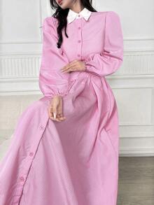 Modelyn Women's Elegant Commuting Striped Puff Sleeve Dress - Pink - View 3