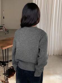 DAZY Áo len cardigan dệt kim đơn hàng ngày cổ tròn tay dài màu trơn cho bé gái tuổi mới lớn, mùa thu/đông - Xám - Xem 6