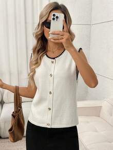 Easowa 女士罗纹针织纽扣背心，撞色滚边圆领无袖毛衣背心，时尚女士白色无袖纽扣前开襟毛衣，黑色滚边细节，适合日常穿着，优雅女士针织背心，休闲圆领无袖开衫，独特纽扣装饰 - 杏色 - 查看 2