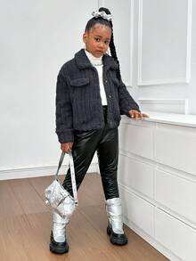 SHEIN 青少年女孩休闲双面羊毛纯色翻领长袖夹克 - 深灰色 - 查看 5