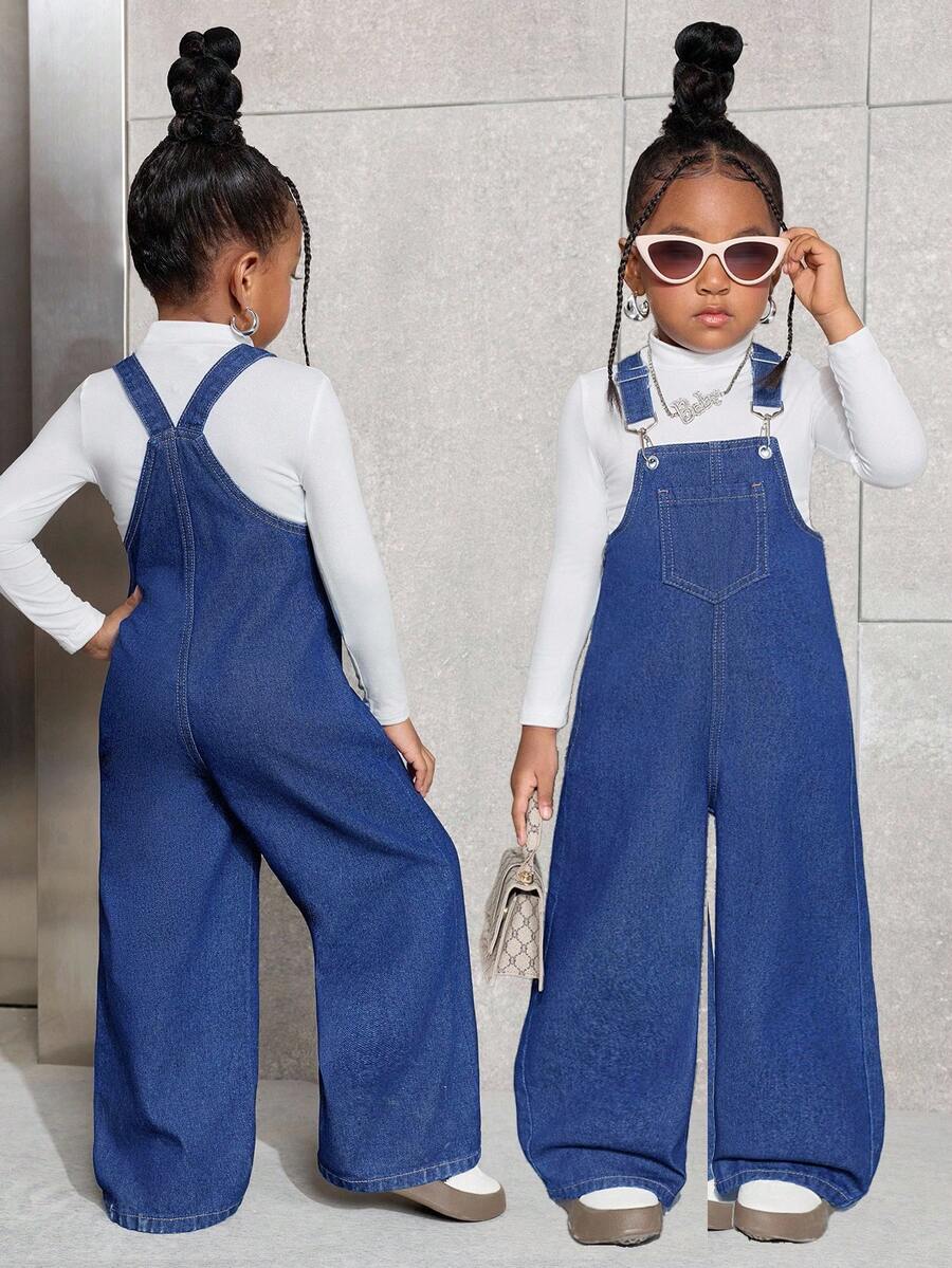 SHEIN 少女海军蓝牛仔背带裤 - 中等水洗藍 - 查看 1