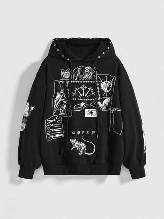Grunge Punk Women's Skull Print Hooded Casual Fashion Long Sleeve Sweatshirt